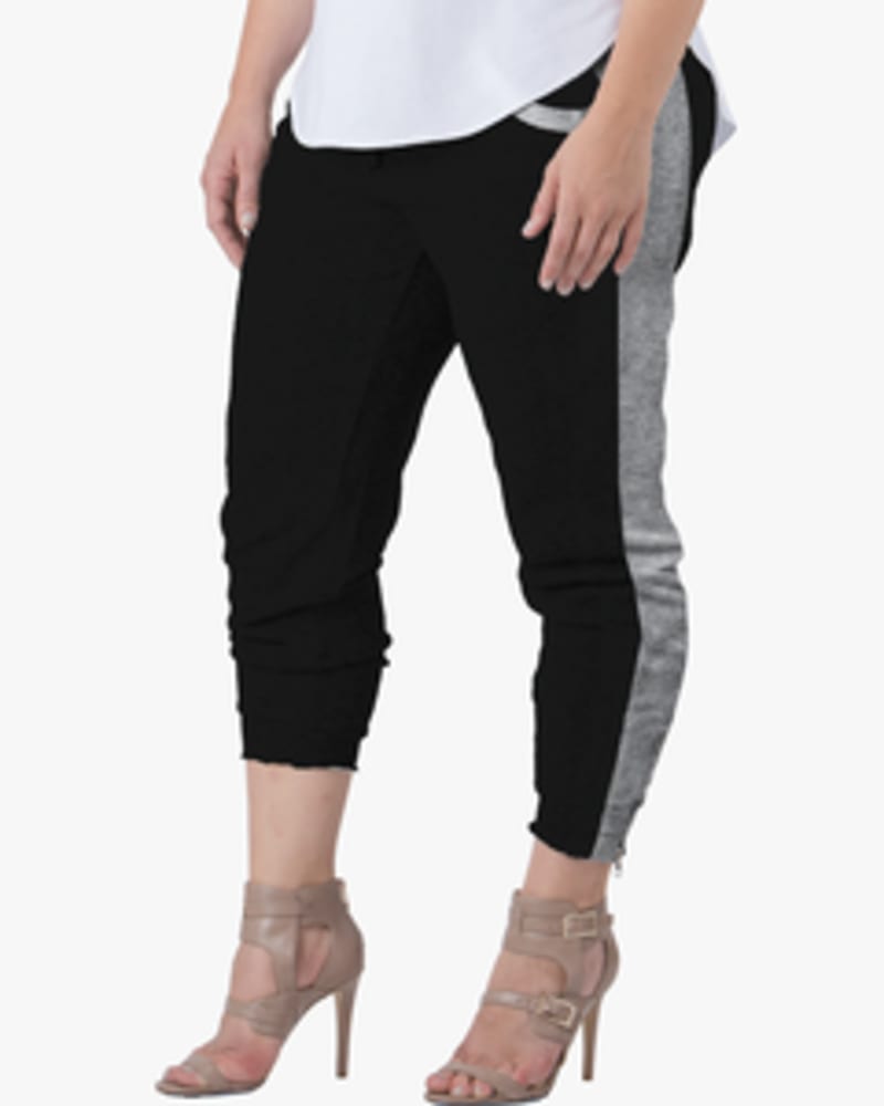 Front of a model wearing a size 1X Alice Contrast Panel Jogger Pants in BLACKGREY by Standards & Practices. | dia_product_style_image_id:239170